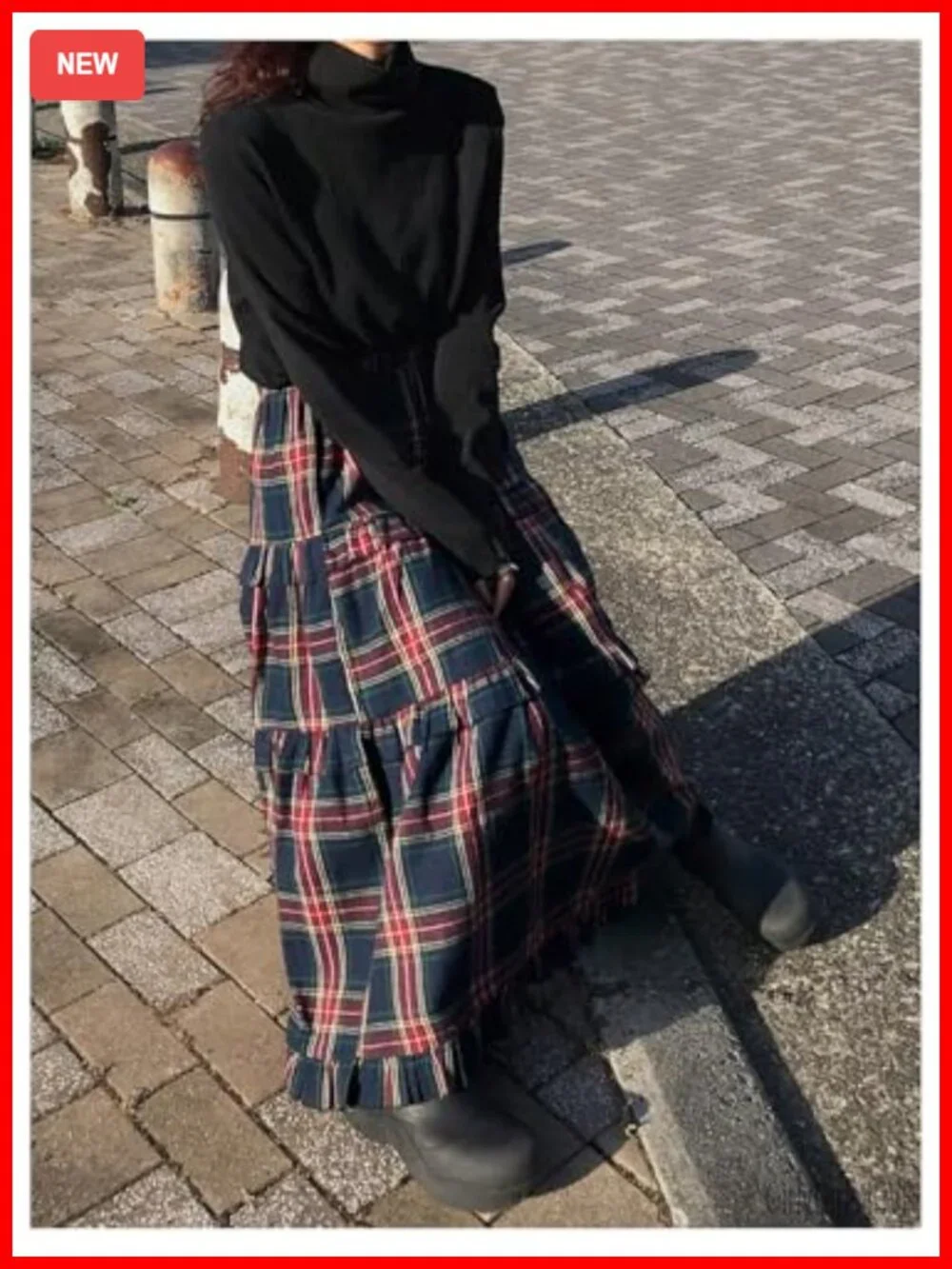 Women's Plaid Maxi Skirt Tiered Ruffle A-Line Flowy Long Elastic High Waist